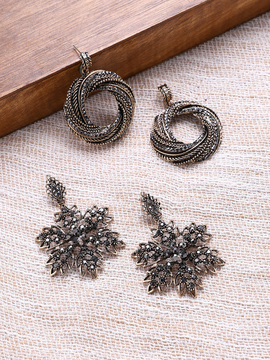 Set Of 2 Gold-Plated Stone Studded Drop Earrings