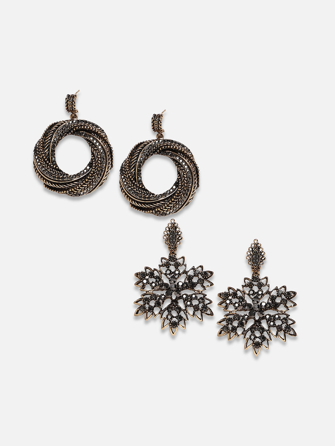 Set Of 2 Gold-Plated Stone Studded Drop Earrings