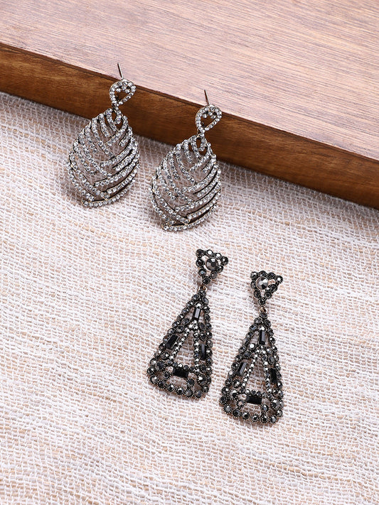 Set of 2 Gold-Plated Stones Studded Teardrop Shaped Drop Earrings