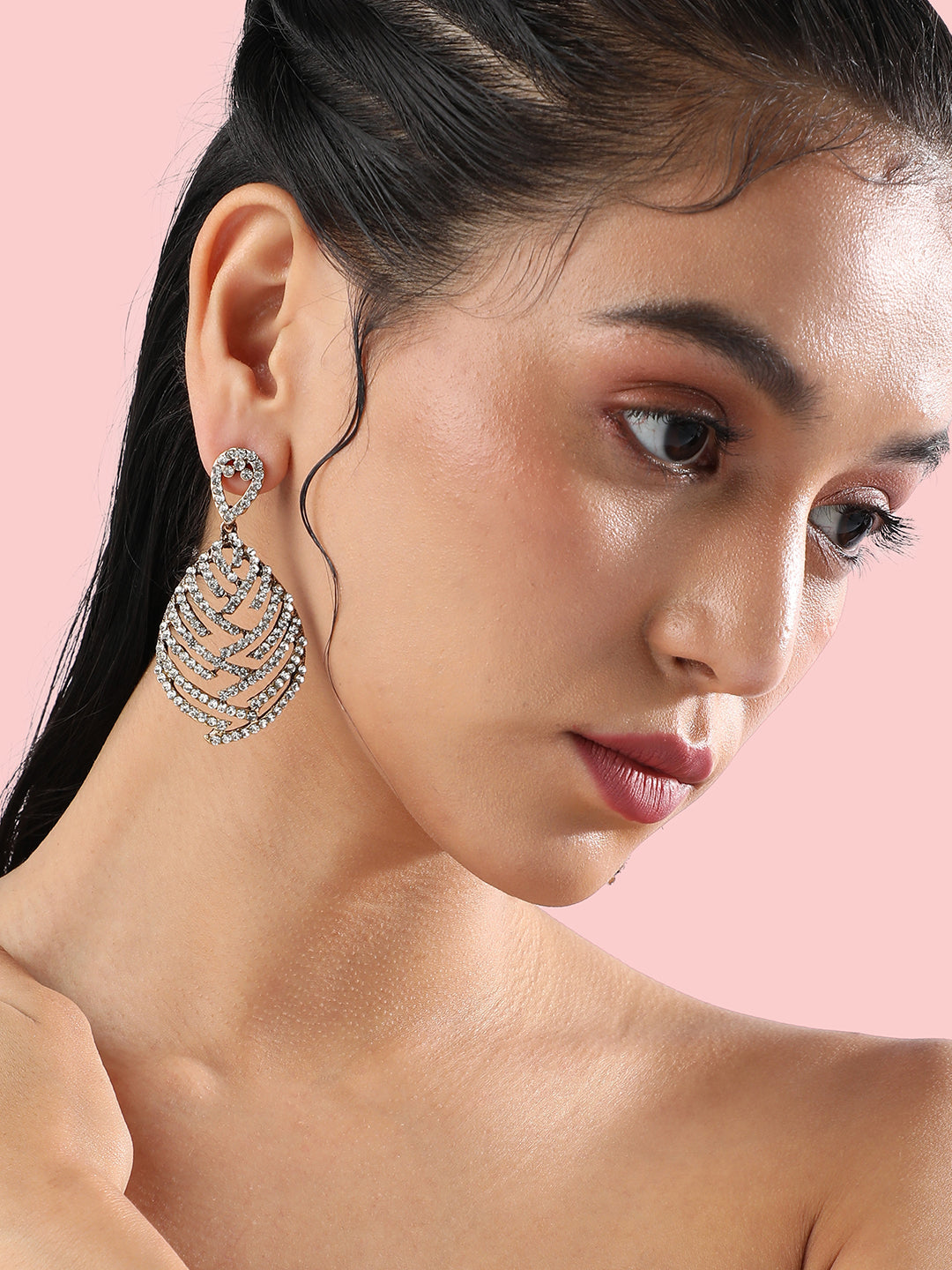 Set of 2 Gold-Plated Stones Studded Teardrop Shaped Drop Earrings