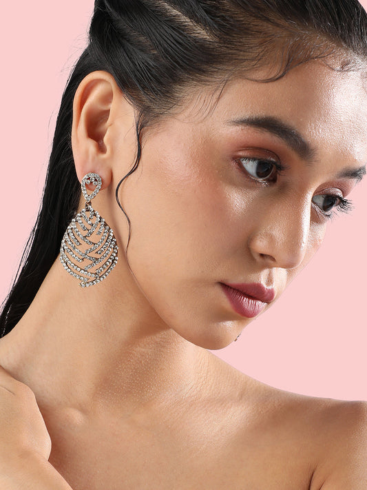 Set of 2 Gold-Plated Stones Studded Teardrop Shaped Drop Earrings