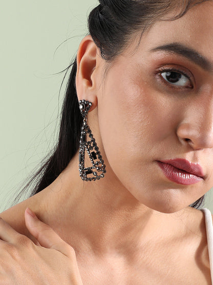 Set of 2 Gold-Plated Stones Studded Teardrop Shaped Drop Earrings