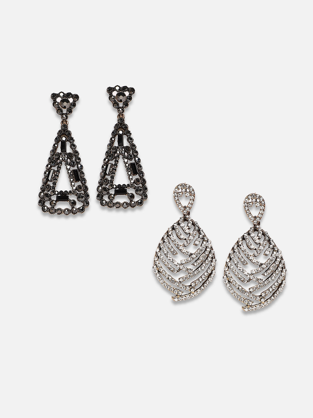 Set of 2 Gold-Plated Stones Studded Teardrop Shaped Drop Earrings