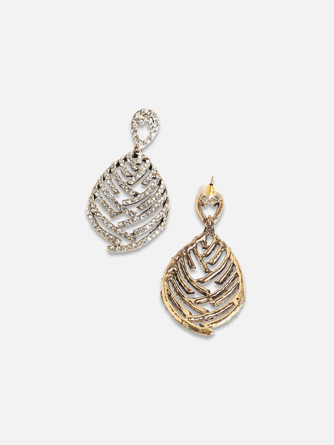 Set of 2 Gold-Plated Stones Studded Teardrop Shaped Drop Earrings