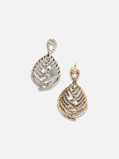 Set of 2 Gold-Plated Stones Studded Teardrop Shaped Drop Earrings