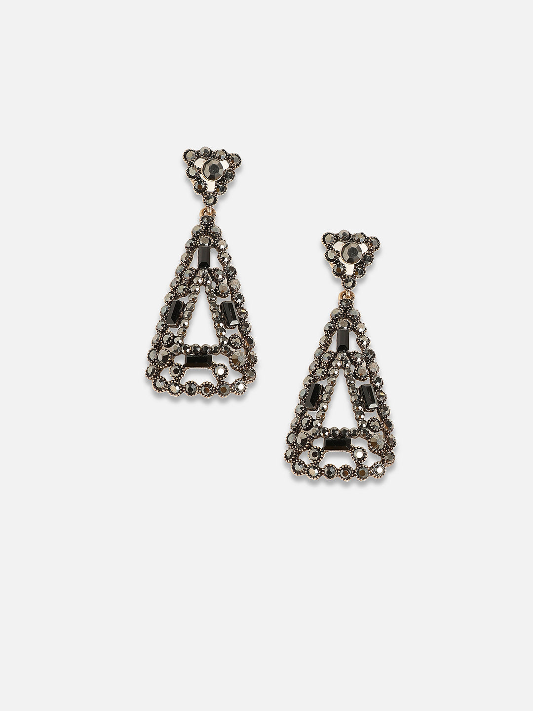 Set of 2 Gold-Plated Stones Studded Teardrop Shaped Drop Earrings