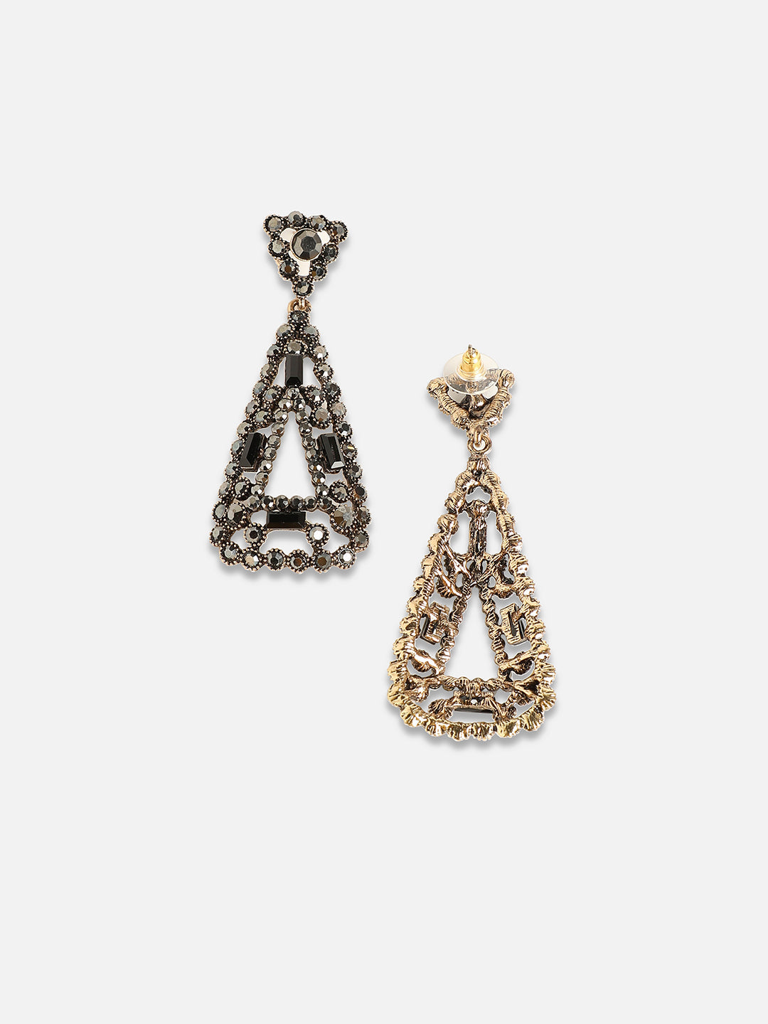 Set of 2 Gold-Plated Stones Studded Teardrop Shaped Drop Earrings