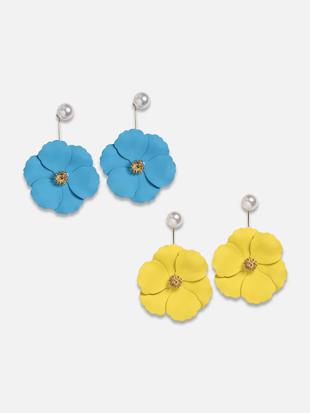 Set Of 2 Gold-Plated Pearls Beaded Floral Drop Earrings