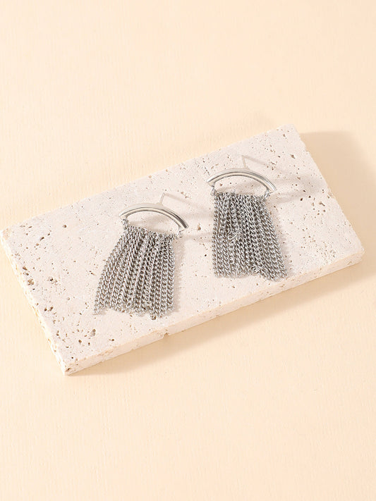 The Hanging Chain Bar Drop Earrings - Metallic Silver-SOHIER6039