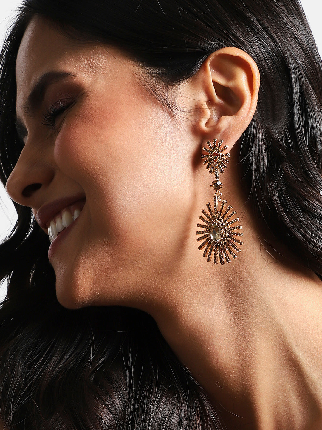 Gold Plated Stone Studded Contemporary Drop Earrings