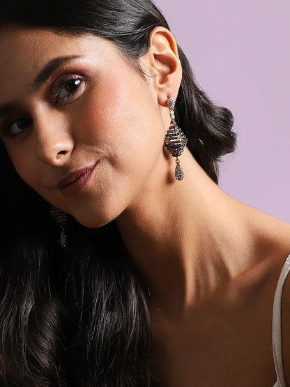Gold Plated Stone Studded Contemporary Drop Earrings