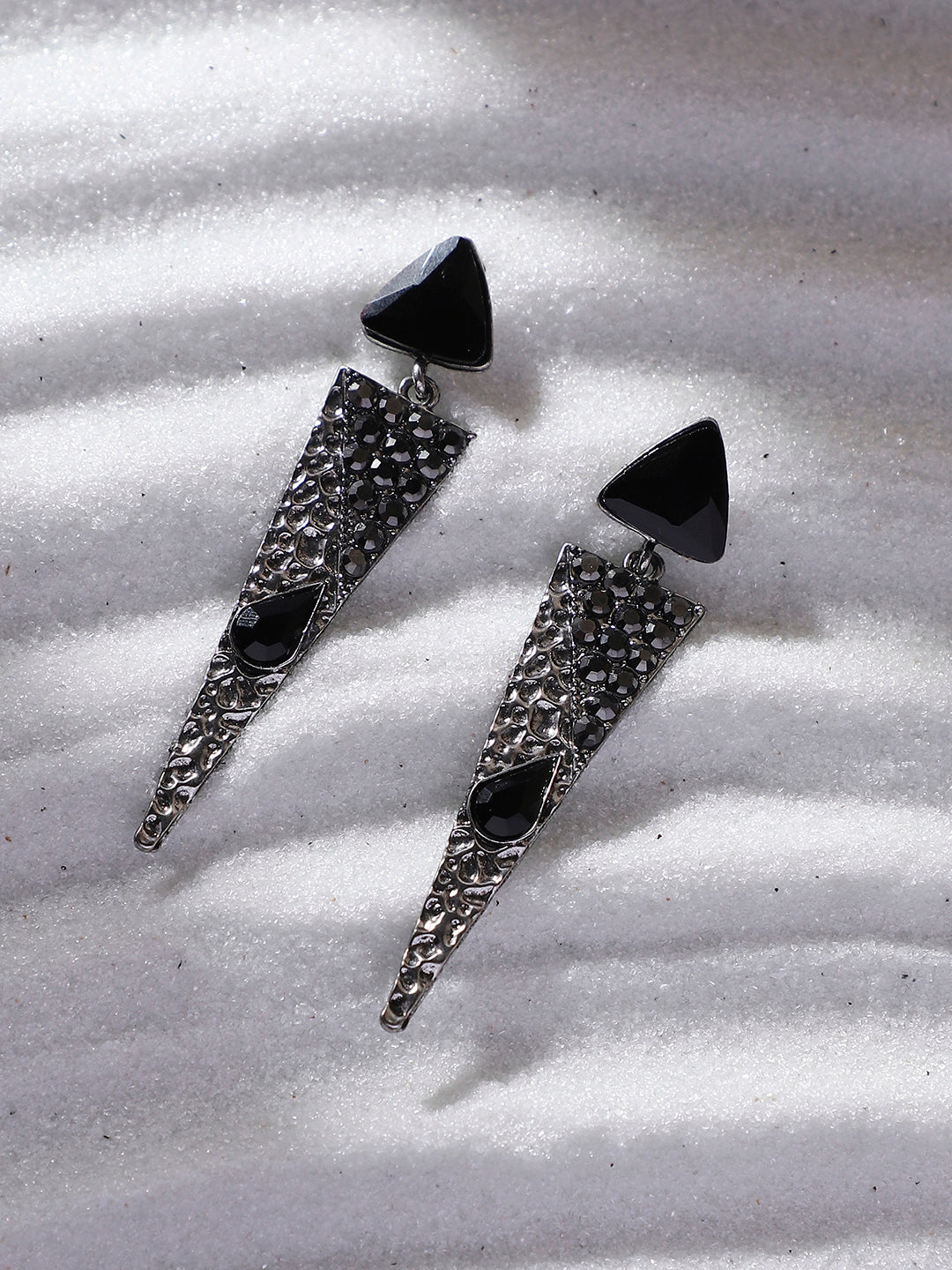 Silver Plated Oxidised Triangular Shaped Stone Studded Drop Earrings