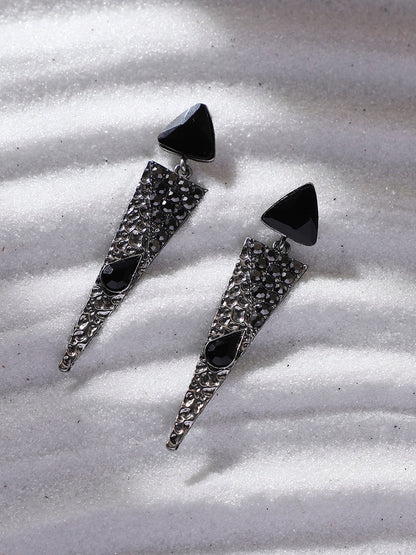 Silver Plated Oxidised Triangular Shaped Stone Studded Drop Earrings