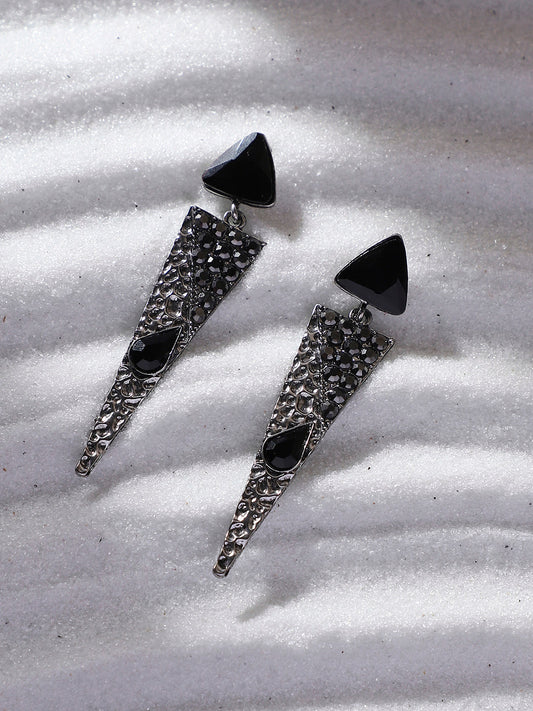 Silver Plated Oxidised Triangular Shaped Stone Studded Drop Earrings