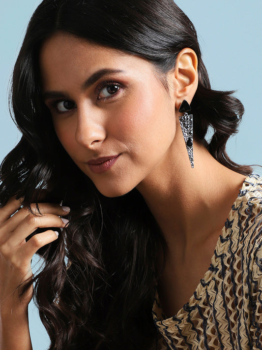Silver Plated Oxidised Triangular Shaped Stone Studded Drop Earrings