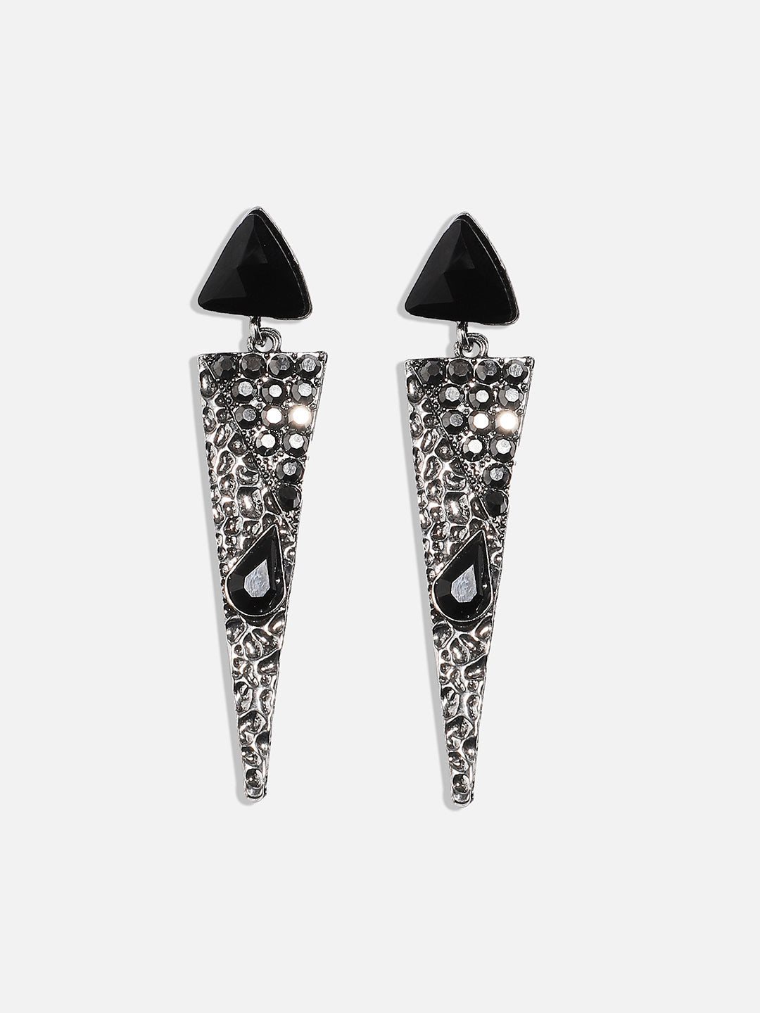Silver Plated Oxidised Triangular Shaped Stone Studded Drop Earrings