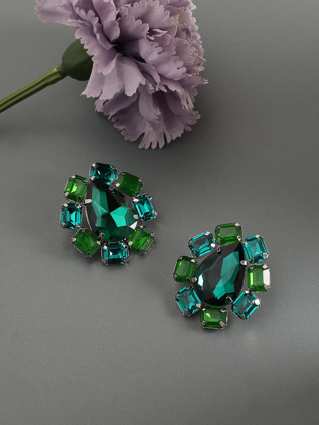 Silver Plated Artificial Stone Studded Contemporary Stud Earrings