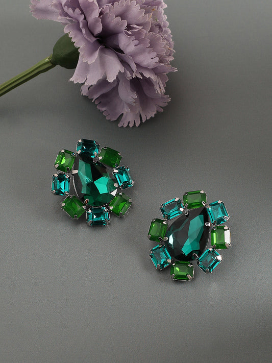 Silver Plated Artificial Stone Studded Contemporary Stud Earrings