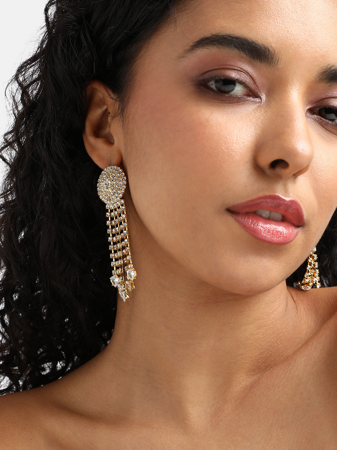 Gold-Plated Crystals-Studded Drop Earrings
