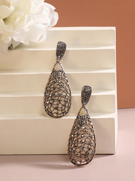 Gold-Plated Stone-Studded Teardrop Shaped Drop Earrings