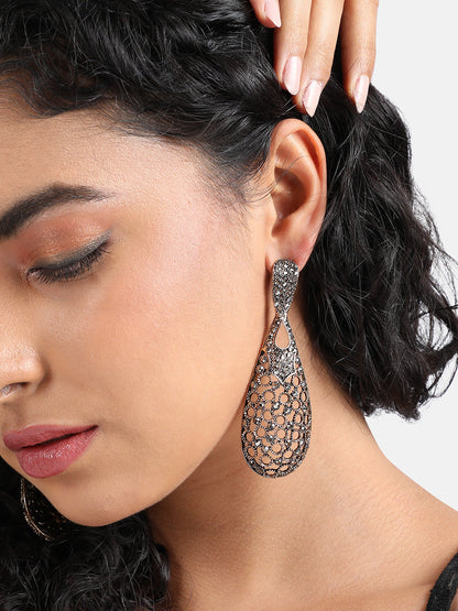 Gold-Plated Stone-Studded Teardrop Shaped Drop Earrings