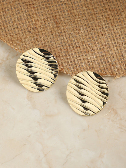 Gold-Plated Dented Lined Circular Studs Earrings