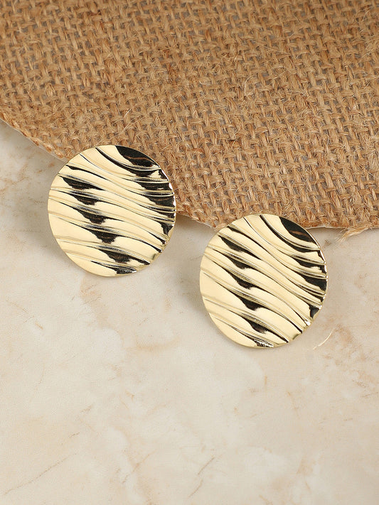 Gold-Plated Dented Lined Circular Studs Earrings