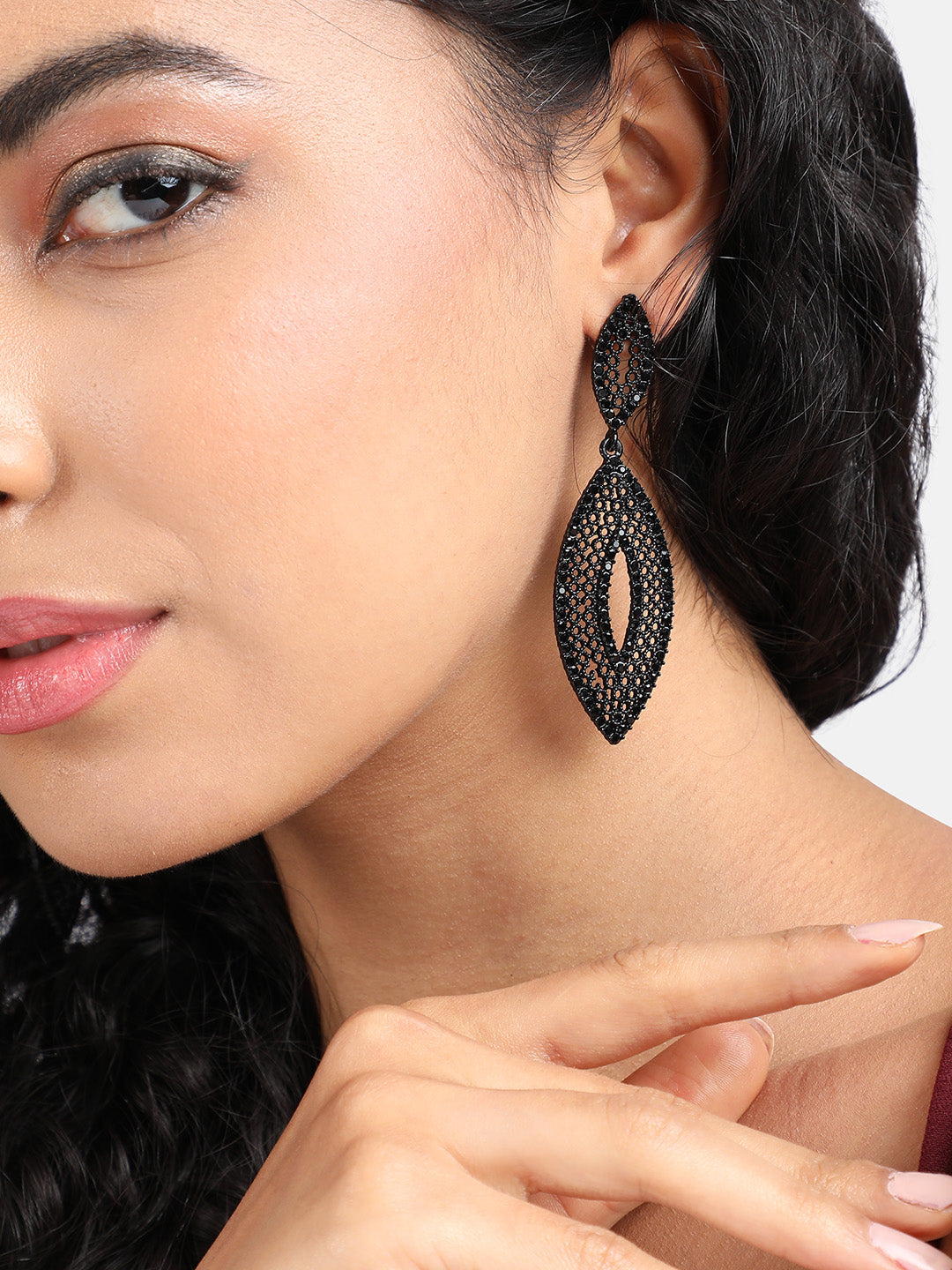 Copper-Plated Stone-Studded Contemporary Drop Earrings