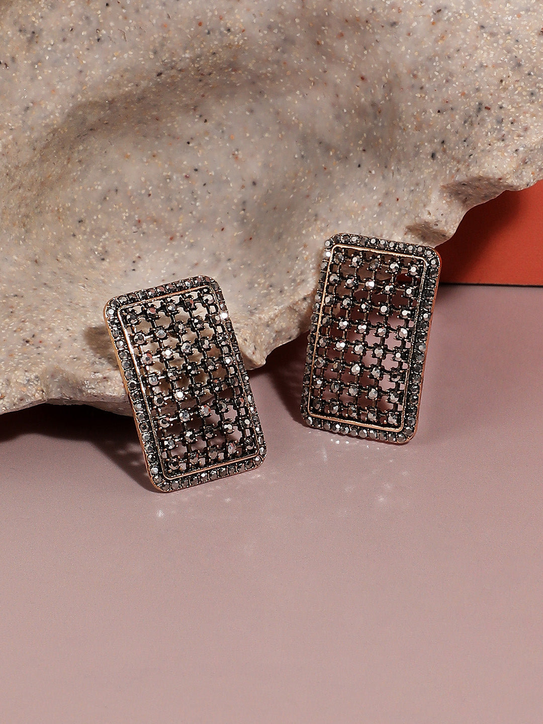 Gold-Plated Contemporary Oxidised Studs Earrings