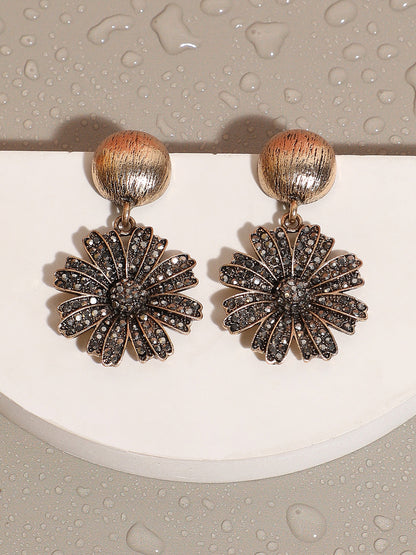 Gold-PLated Stone-Studded Floral Shaped Drop Earrings