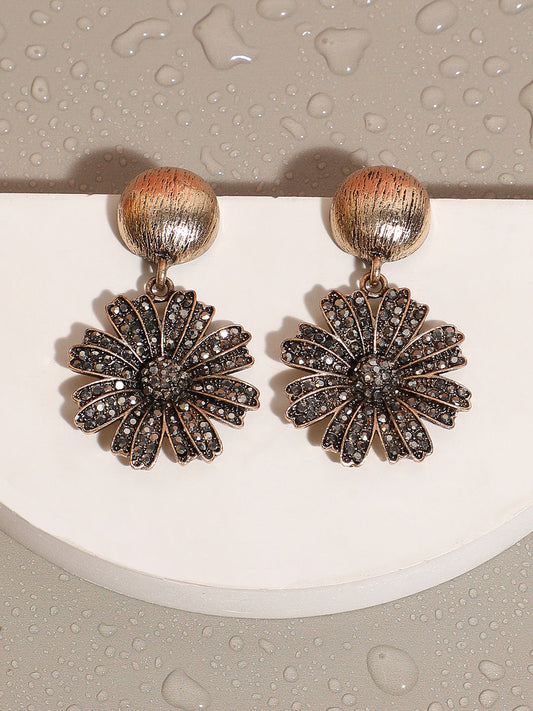 Gold-PLated Stone-Studded Floral Shaped Drop Earrings