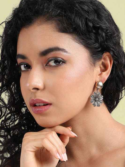 Gold-PLated Stone-Studded Floral Shaped Drop Earrings