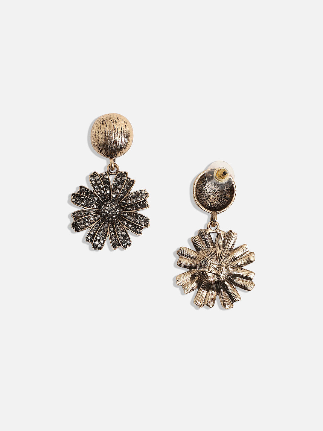 Gold-PLated Stone-Studded Floral Shaped Drop Earrings