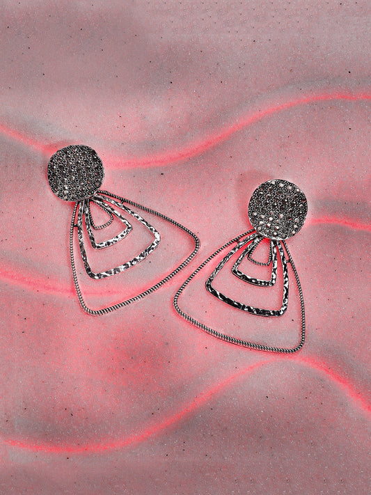 Silver-Plated Stone-Studded Triangle Drop Earrings
