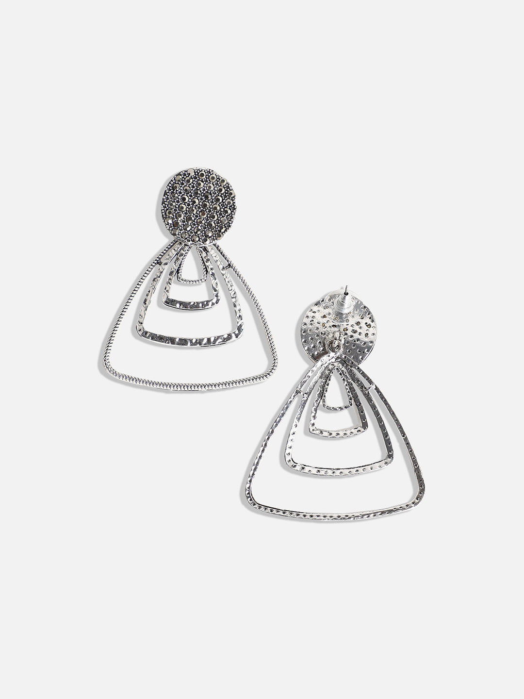 Silver-Plated Stone-Studded Triangle Drop Earrings