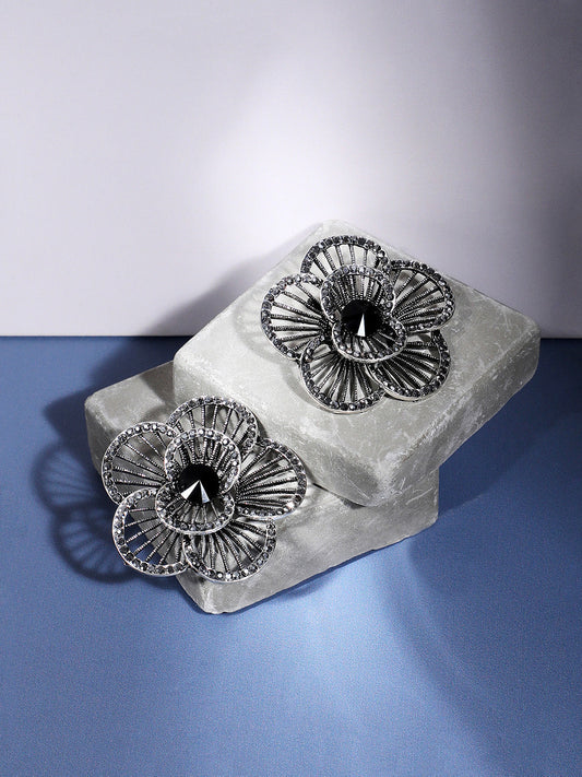 Silver-Plated Stone Studded Floral Stud Earrings