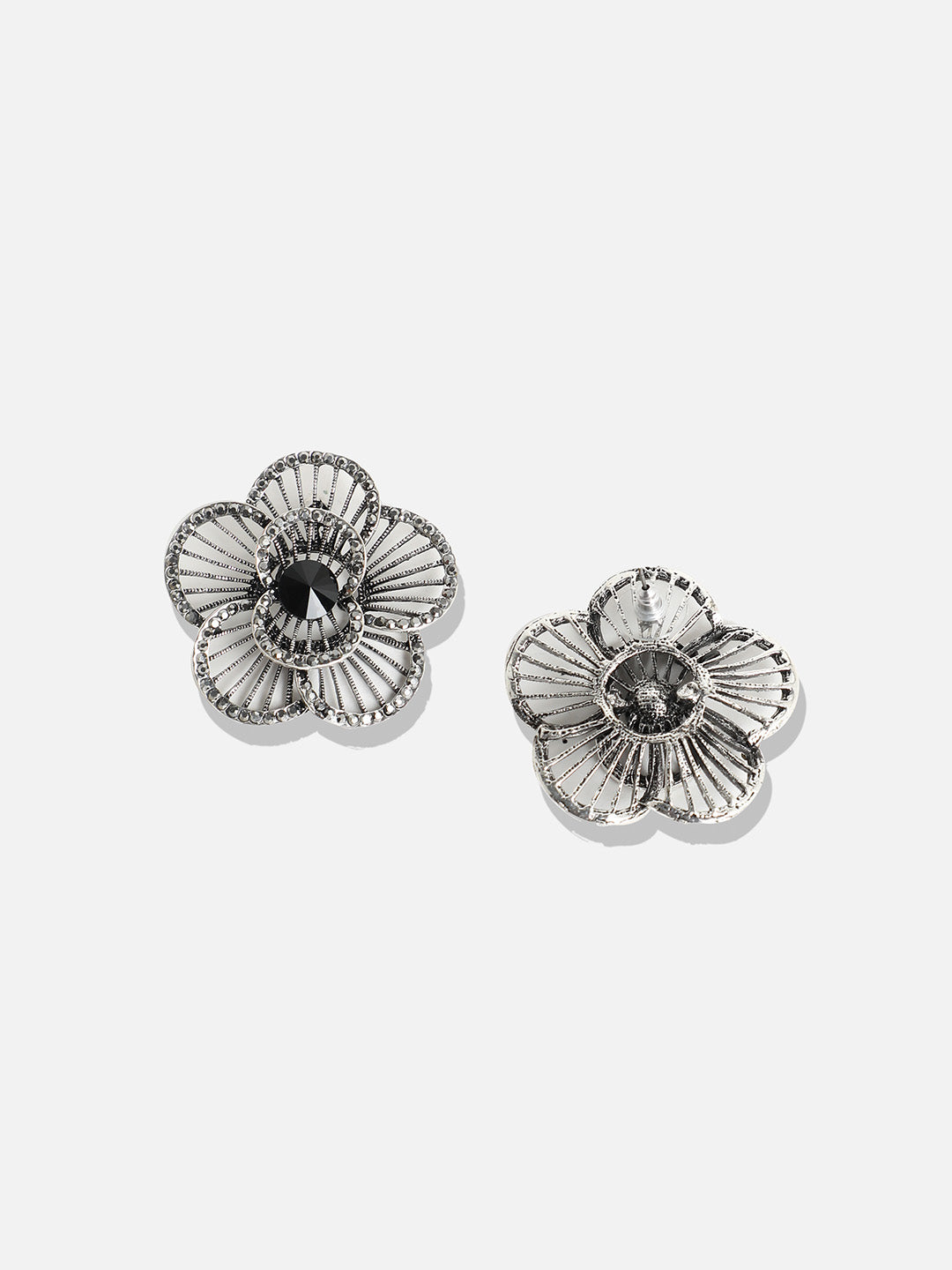 Silver-Plated Stone Studded Floral Stud Earrings
