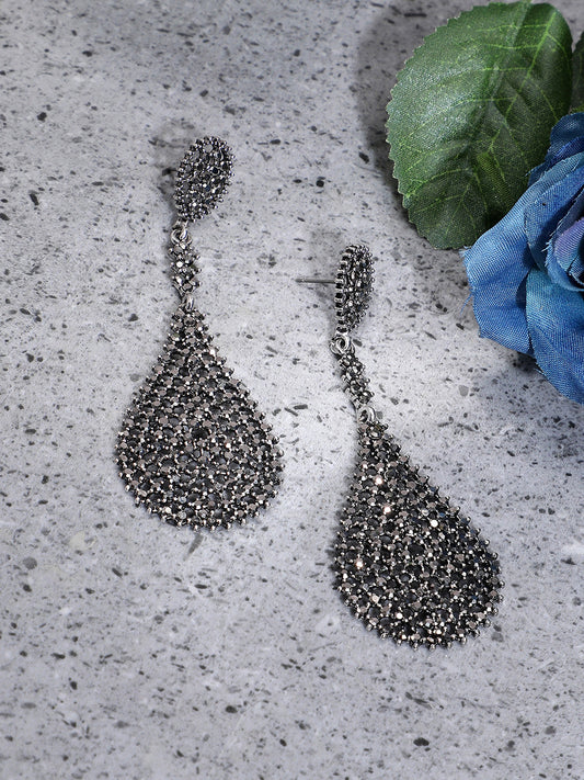Silver-Plated Stone-Studded Contemporary Drop Earrings