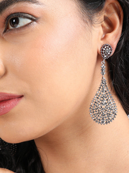 Silver-Plated Stone-Studded Contemporary Drop Earrings