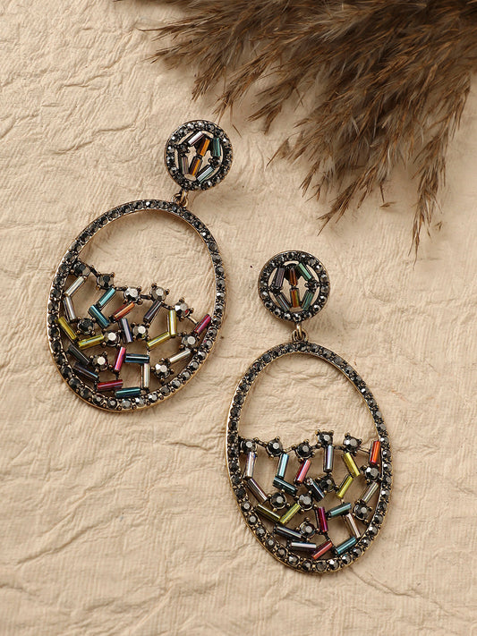 Gold-Plated Crystal-Studded Contemporary Drop Earrings