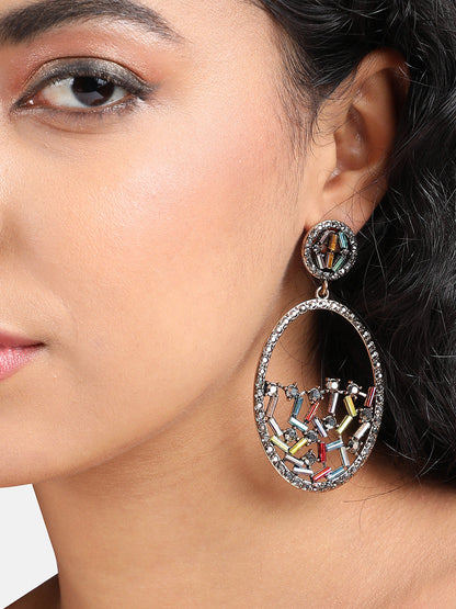 Gold-Plated Crystal-Studded Contemporary Drop Earrings