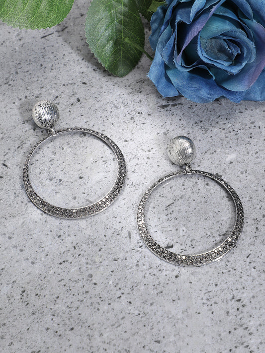 Silver-Toned Stone-Studded Circular Drop Earrings