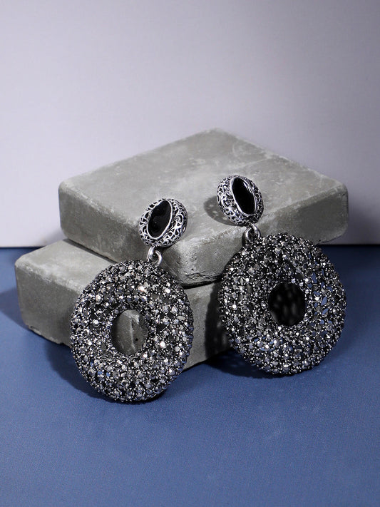 Silver-Plated Circular Stone Studded Drop Earrings