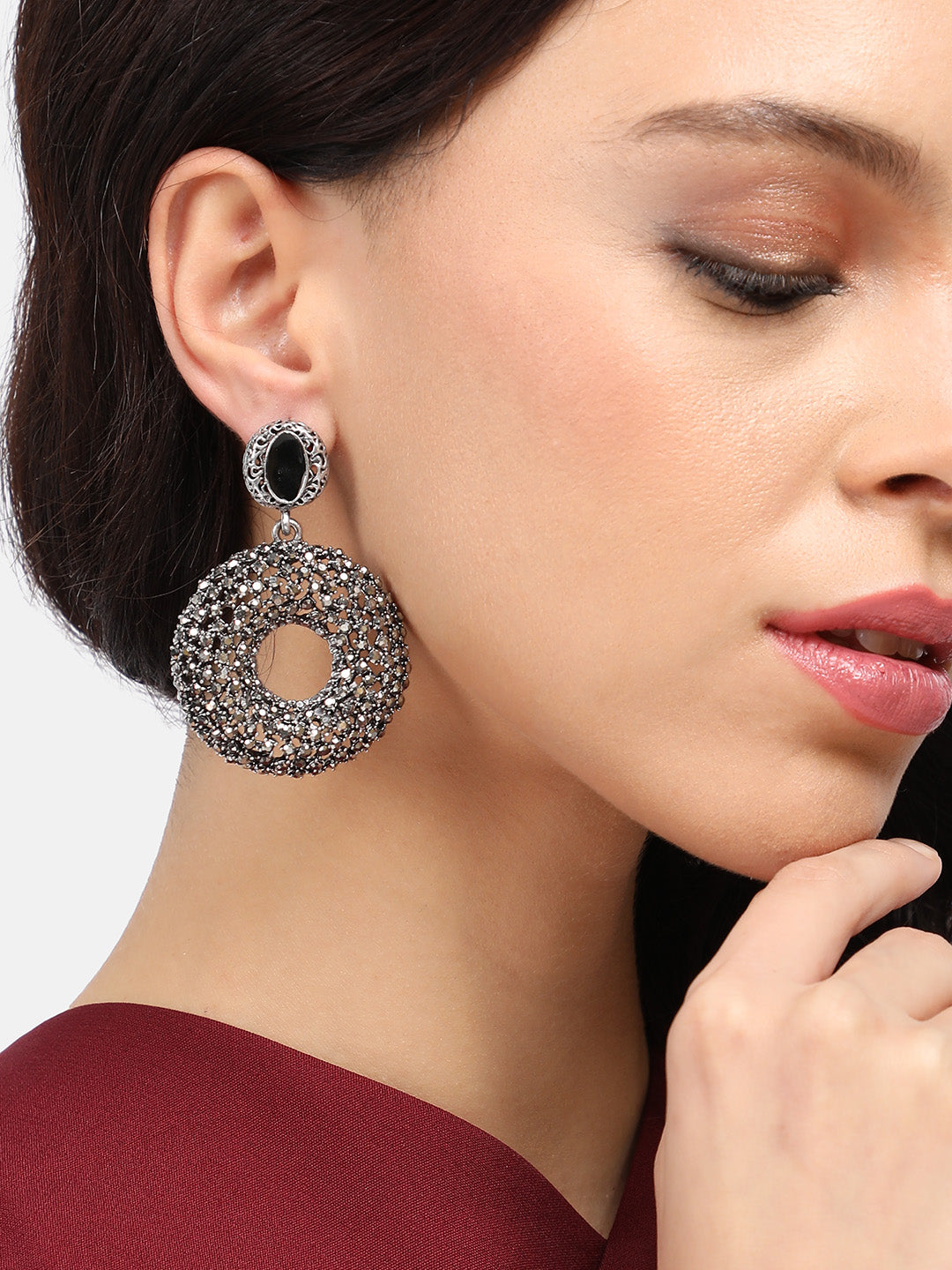 Silver-Plated Circular Stone Studded Drop Earrings