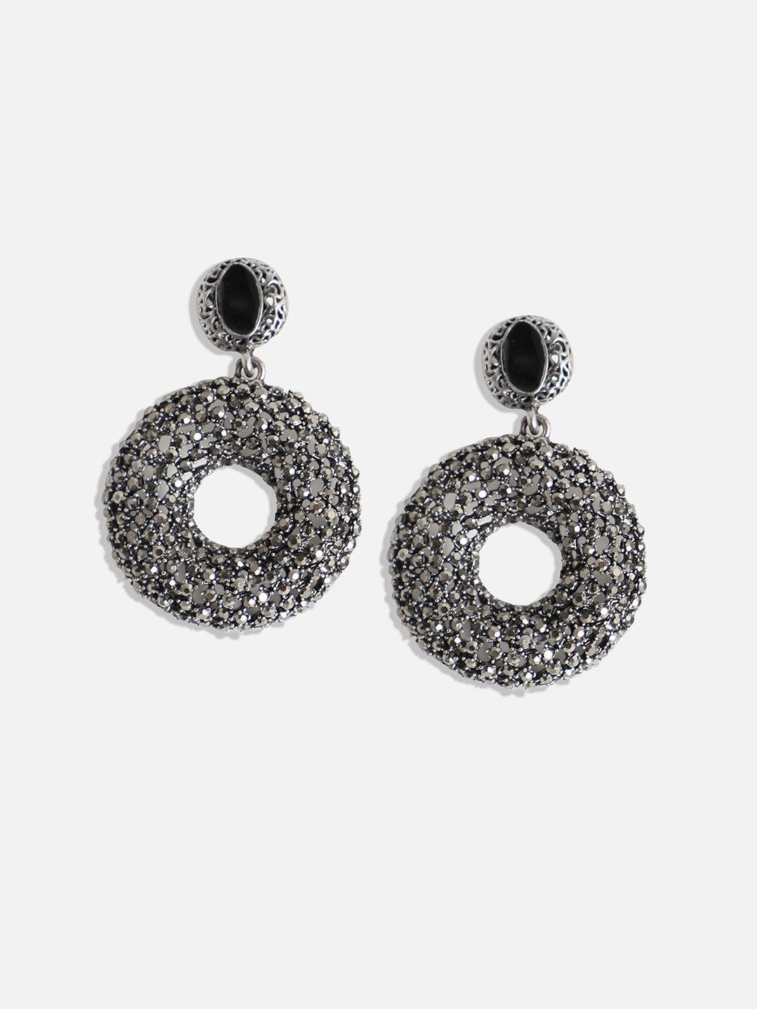 Silver-Plated Circular Stone Studded Drop Earrings