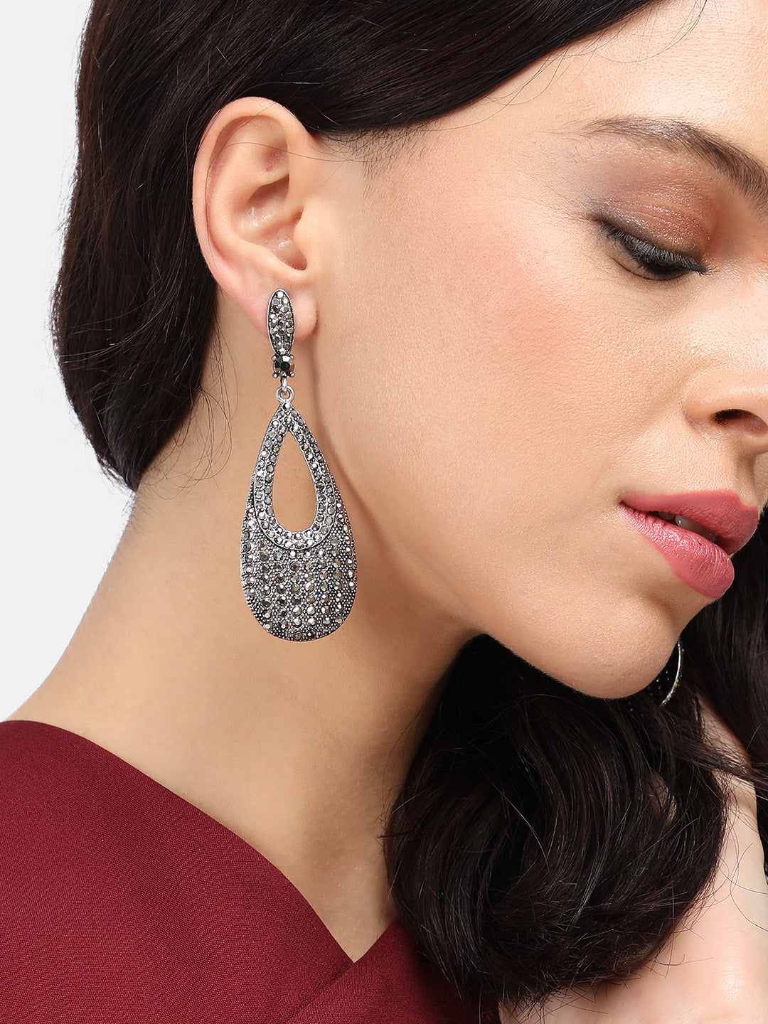 Silver-Plated Teardrop Shaped Drop Earrings
