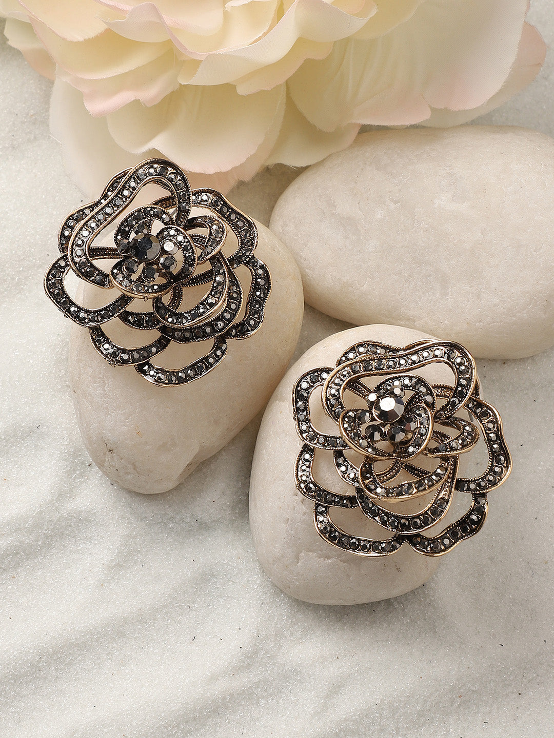 Gold-Plated Stone-Studded Floral-Shaped Studs Earrings