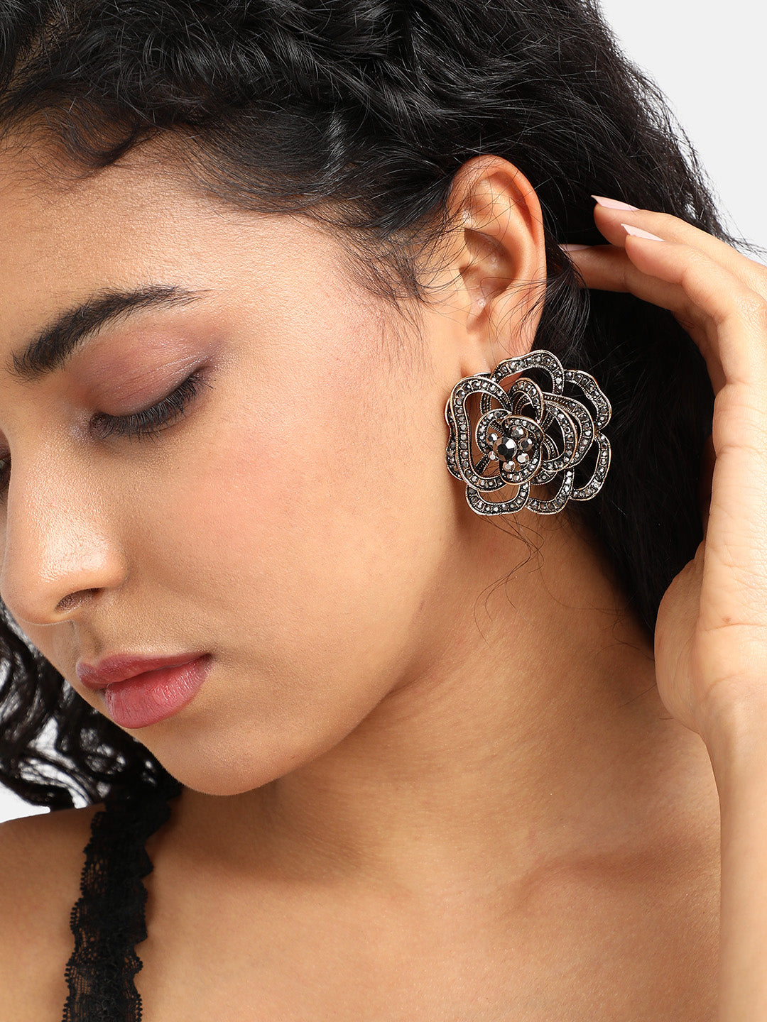 Gold-Plated Stone-Studded Floral-Shaped Studs Earrings