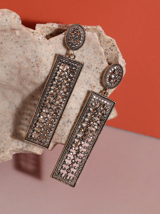 Gold-Plated Stone Studded Geometric Drop Earrings