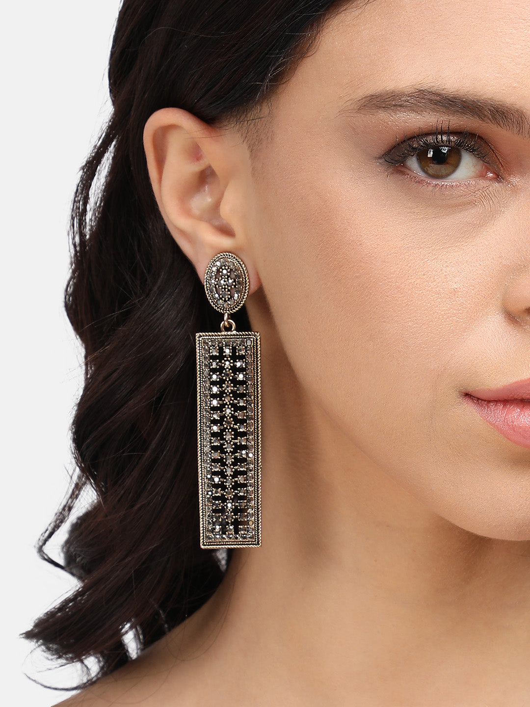Gold-Plated Stone Studded Geometric Drop Earrings